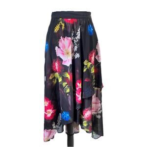 Ted Baker London Skirt size 1/US 2 4 Black Pink Red Sheer Floral Tiered Boho